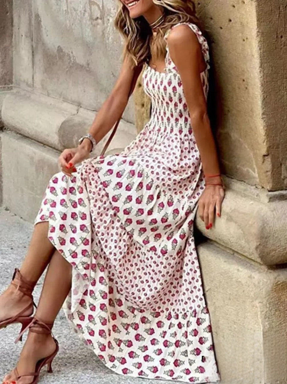 Laura - Damen Vintage Sommer Bohemian Print Langes Kleid mit Bohemian Print