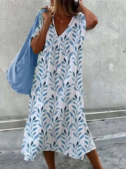 Emma - Boho-Strandkleid für Frauen Sommerkleid mit V-Ausschnitt und kurzen Ärmeln mit Blumenmuster