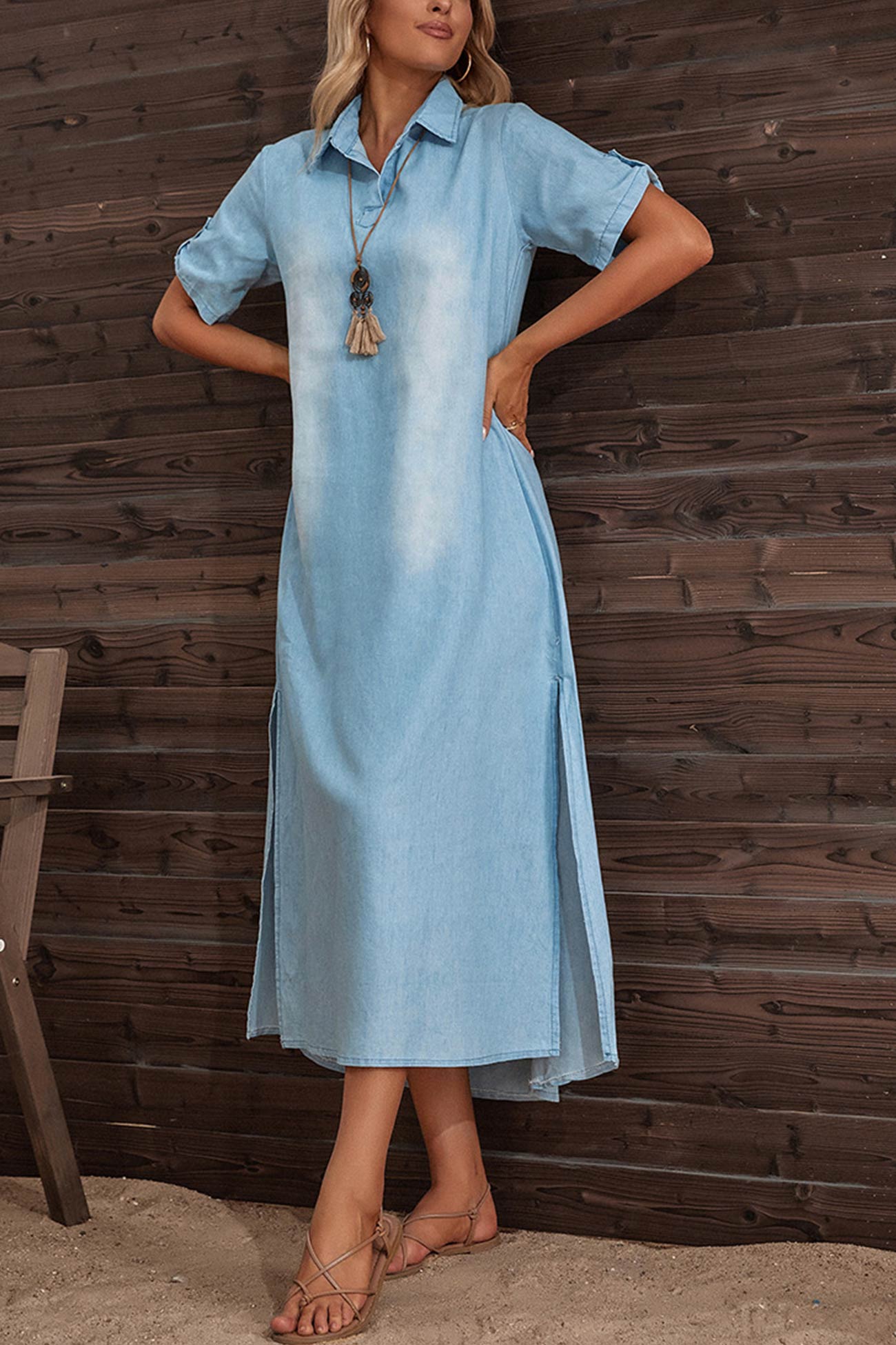 Pam - Kurzärmeliges Denim-Kleid mit Revers und Seitenschlitz