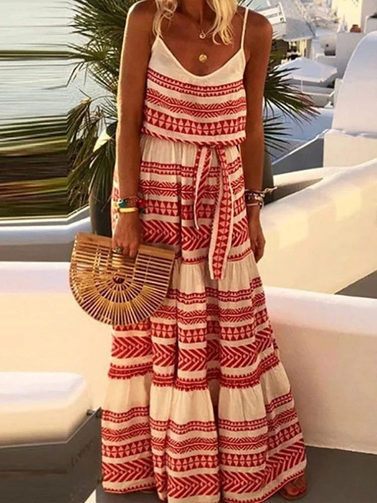 Maria – Bedrucktes Strand-Slipkleid im Bohemian-Stil mit V-Ausschnitt