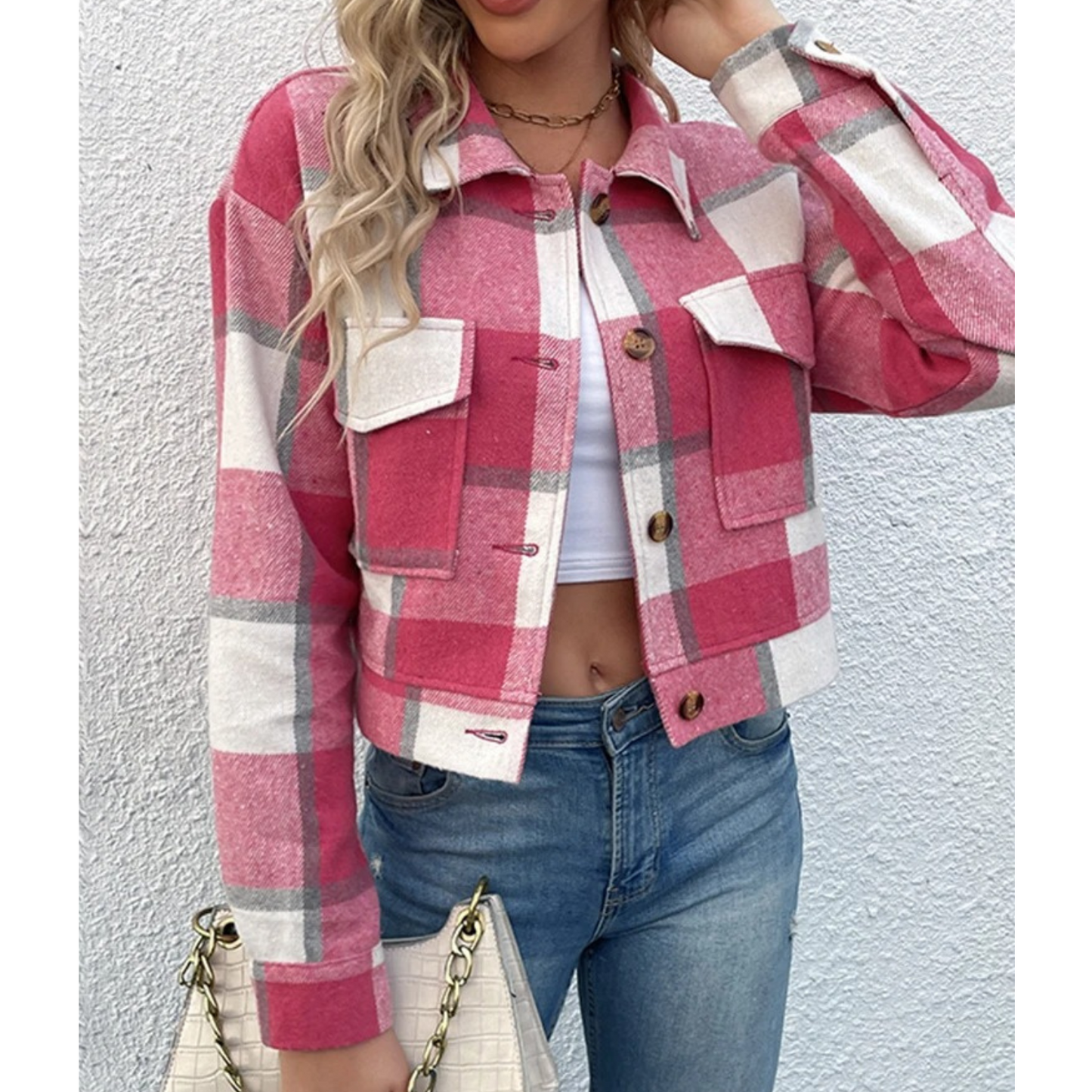 Maya – Karierte Crop-Jacke mit Knopfleiste für Damen