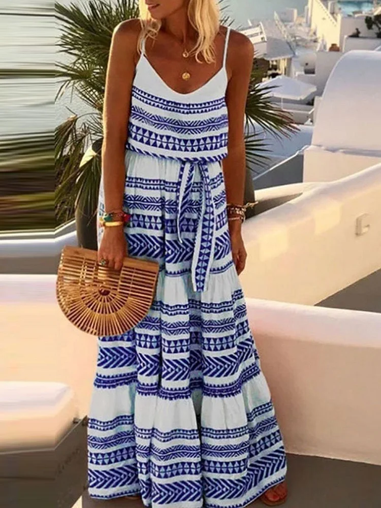 Maria – Bedrucktes Strand-Slipkleid im Bohemian-Stil mit V-Ausschnitt