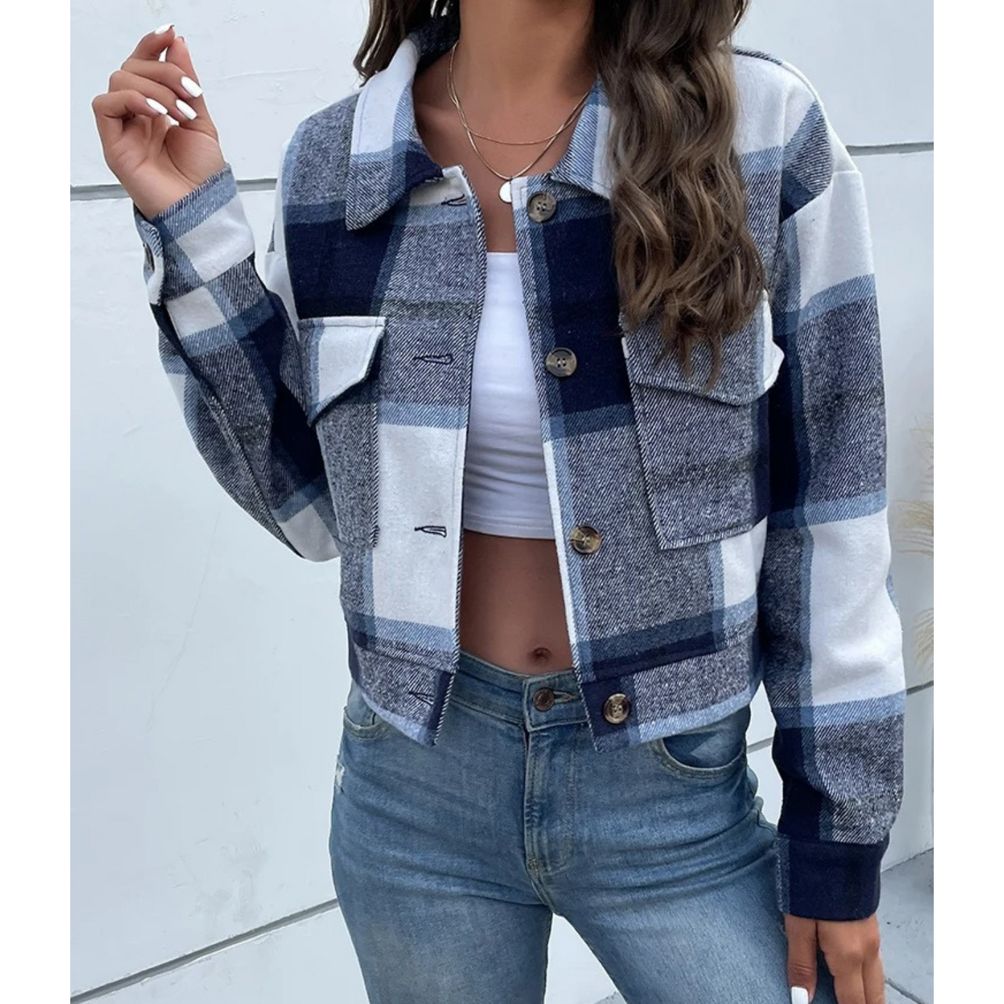 Maya – Karierte Crop-Jacke mit Knopfleiste für Damen