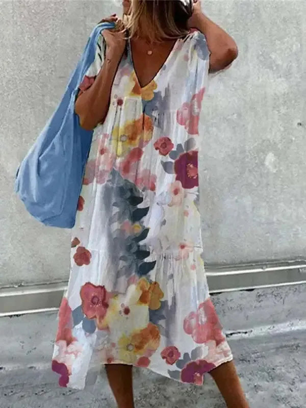 Emma - Boho-Strandkleid für Frauen Sommerkleid mit V-Ausschnitt und kurzen Ärmeln mit Blumenmuster