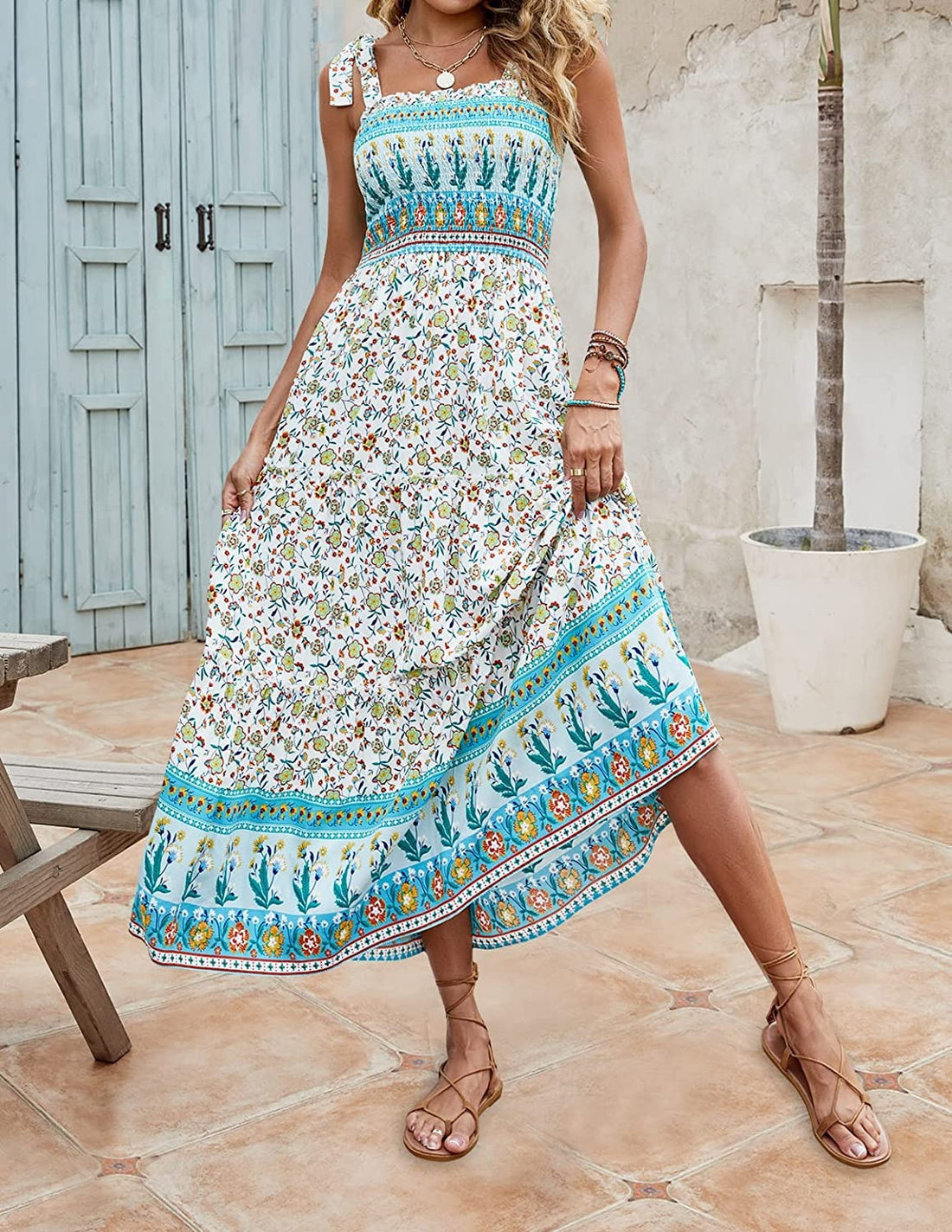 Maria – Lange, lockere Sommerkleider im Bohemian-Stil mit bedruckten Trägern für Damen