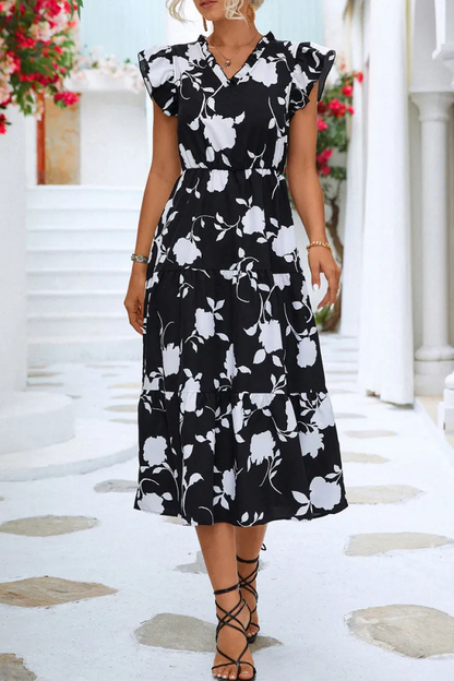 Mia - Floral V-Ausschnitt Strand Rüschenärmel Midi Kleid