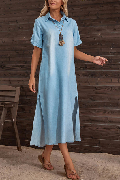 Pam - Kurzärmeliges Denim-Kleid mit Revers und Seitenschlitz