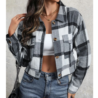 Maya – Karierte Crop-Jacke mit Knopfleiste für Damen