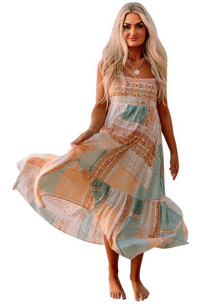 Daniela - Sommerkleid mit quadratischem Ausschnitt und mehrfarbigem Boho-Patchwork-Druck