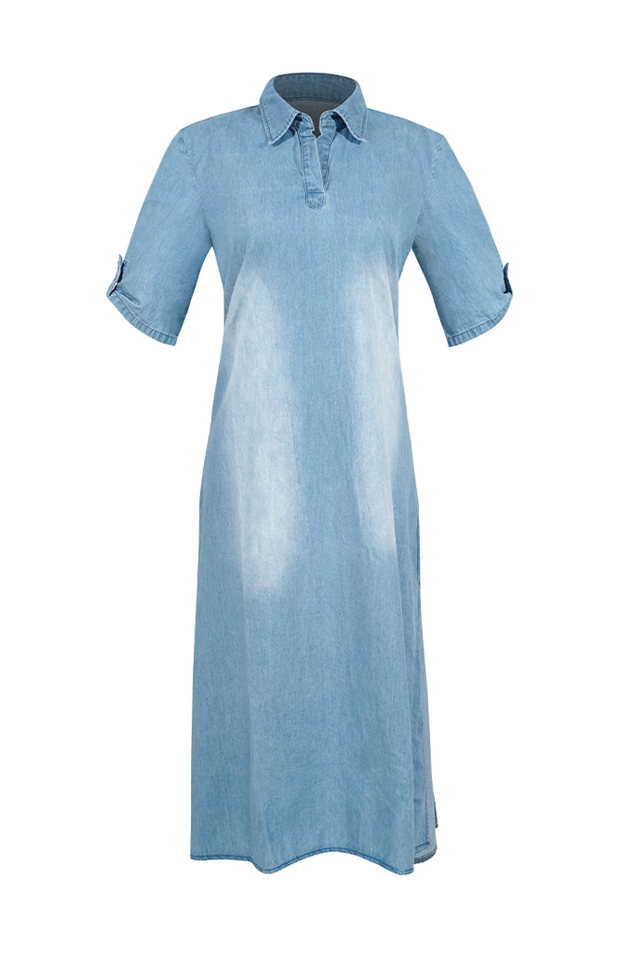 Pam - Kurzärmeliges Denim-Kleid mit Revers und Seitenschlitz