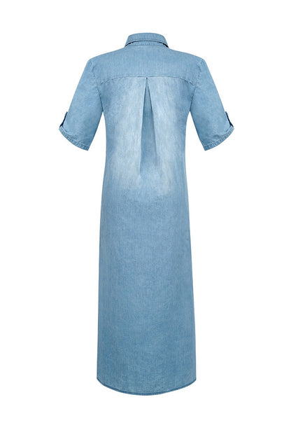 Pam - Kurzärmeliges Denim-Kleid mit Revers und Seitenschlitz