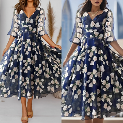 Blossom - Geblümtes Chiffon-Partykleid Mit Weitem V-Ausschnitt