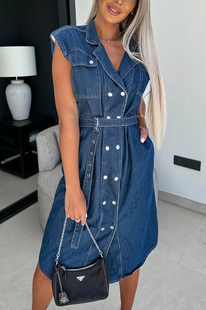 Daniela - Zweireihiges, trägerloses Denim-Kleid mit Umschlagärmeln