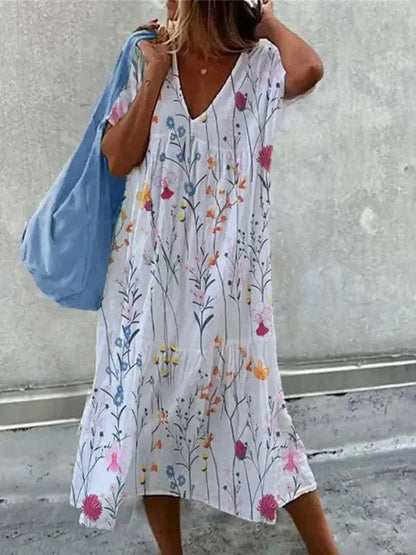 Emma - Boho-Strandkleid für Frauen Sommerkleid mit V-Ausschnitt und kurzen Ärmeln mit Blumenmuster