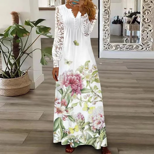 Flor - Langes Kleid mit Spitzenpaneel und modischem Blumendruck