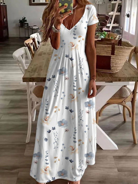 Anna - Langes Kleid mit kurzen Ärmeln, V-Ausschnitt und Blumenprint